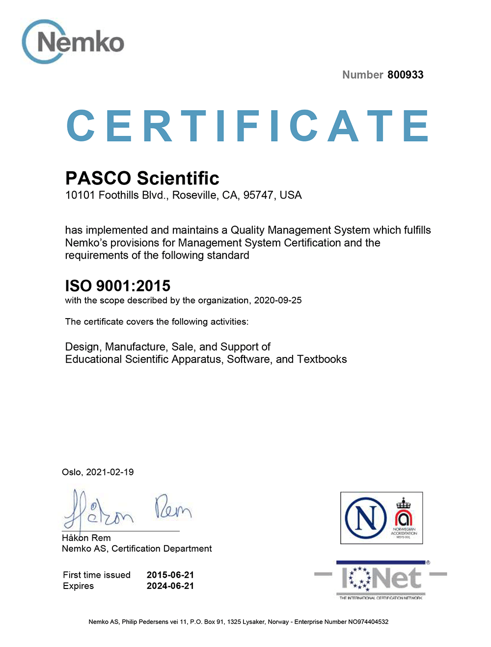 Nemko Certificate